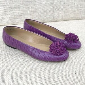 Talbots Womens Purple Croc Embossed Leather Pom Pom Flower Ballet Flats Size 10M